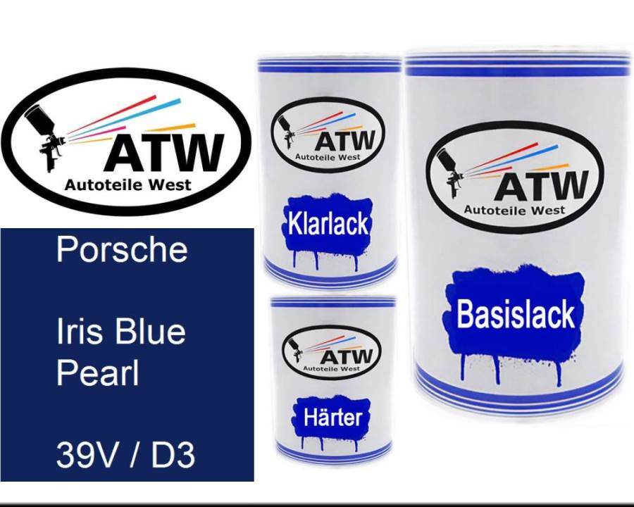 Porsche, Iris Blue Pearl, 39V / D3: 500ml Lackdose + 500ml Klarlack + 250ml Härter - Set, von ATW Autoteile West.